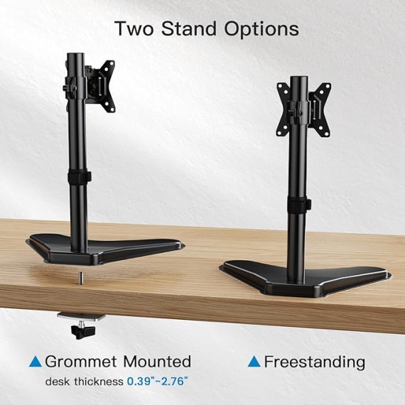 Single Monitor Stand, Free Standing Monitor Desk Stand for 13 to 32" Computer, Height Adjustable Monitor Mount Full Motion Swivel VESA 75x75mm/100x100mm Heavy Duty Steel Base up to 17.6 lbs