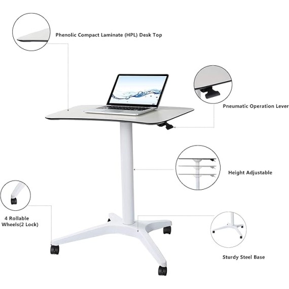 Mobile Standing Desk,Pneumatic Height Adjustable Laptop Desk, Mobile Laptop Desk with Wheels, Height Adjustable from 29.5'' to 47'',White