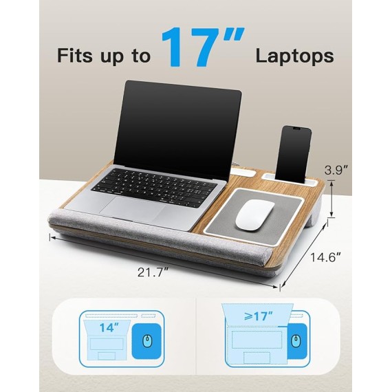 Lap Desk - Fits up to 17 inches Laptop Desk, Built in Mouse Pad & Wrist Pad for Notebook, MacBook, Tablet, Laptop Stand with Tablet, Pen & Phone Holder - HNLD6