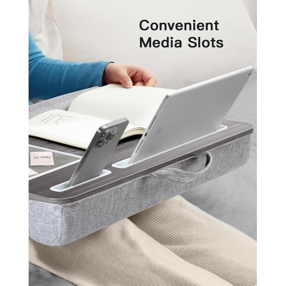 Lap Desk - Fits up to 17 inches Laptop Desk, Built in Wrist Pad for Notebook, MacBook, Tablet, Lap Laptop Desk with Tablet, Pen & Phone Holder (Black Woodgrain)