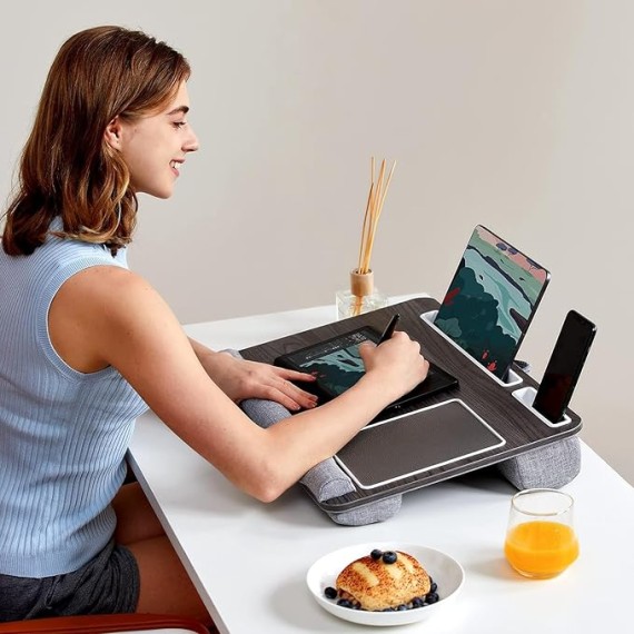 Lap Desk - Fits up to 17 inches Laptop Desk, Built in Wrist Pad for Notebook, MacBook, Tablet, Lap Laptop Desk with Tablet, Pen & Phone Holder (Black Woodgrain)