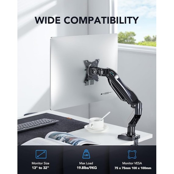 Single Monitor Mount, 13 to 32 Inch Gas Monitor Arm, Adjustable Stand, Vesa Mount with Clamp and Grommet Base - Fits 4.4 to 19.8lbs LCD Computer Monitors