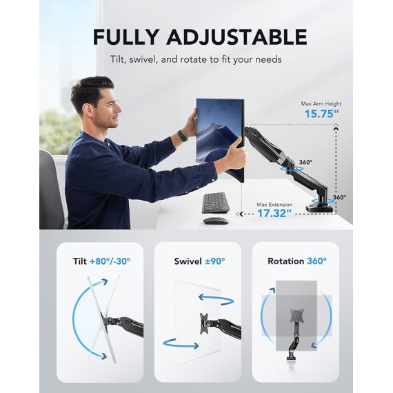 Single Monitor Mount, 13 to 32 Inch Gas Monitor Arm, Adjustable Stand, Vesa Mount with Clamp and Grommet Base - Fits 4.4 to 19.8lbs LCD Computer Monitors