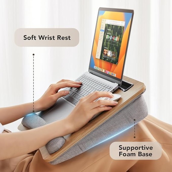 Portable Lap Laptop Desk with Pillow Cushion, Fits up to 15.6 inch Laptop, with Anti-Slip Strip & Storage Function for Home Office Students Use as Computer Laptop Stand, Book Tablet