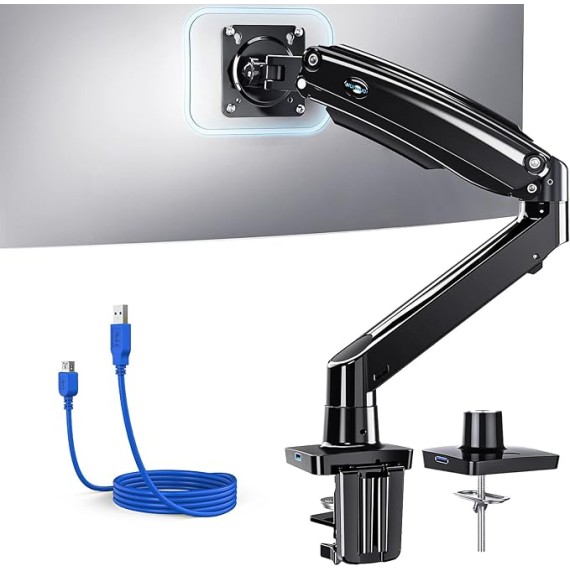 Single Monitor Arm Holds 26.48 lbs, Ultrawide Computer Monitor Stand for 35 inch Screens, Upgraded Adjustable Monitor Mount with USB, C-Clamp & Grommet Base, VESA 75x75 or 100x100mm