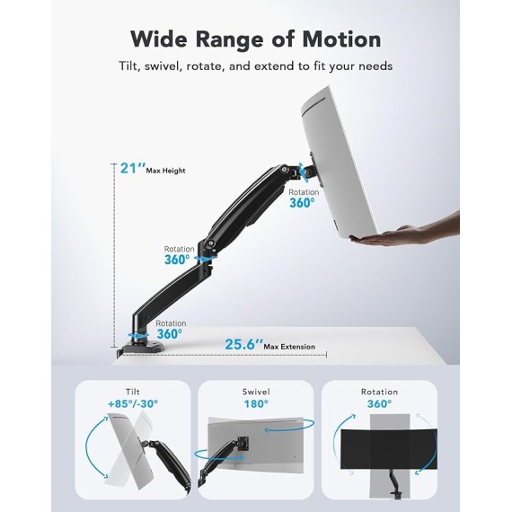 Single Monitor Arm Holds 26.48 lbs, Ultrawide Computer Monitor Stand for 35 inch Screens, Upgraded Adjustable Monitor Mount with USB, C-Clamp & Grommet Base, VESA 75x75 or 100x100mm