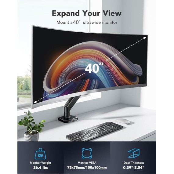 Single Monitor Arm Holds 26.48 lbs, Ultrawide Computer Monitor Stand for 35 inch Screens, Upgraded Adjustable Monitor Mount with USB, C-Clamp & Grommet Base, VESA 75x75 or 100x100mm