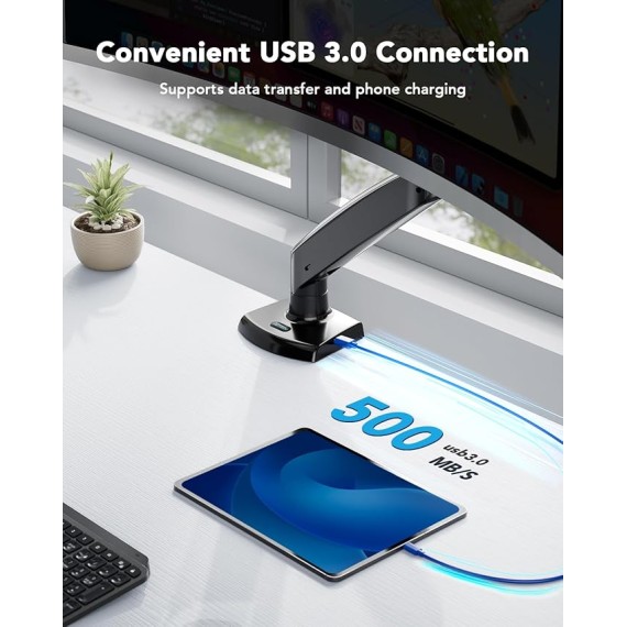 Single Monitor Arm Holds 26.48 lbs, Ultrawide Computer Monitor Stand for 35 inch Screens, Upgraded Adjustable Monitor Mount with USB, C-Clamp & Grommet Base, VESA 75x75 or 100x100mm