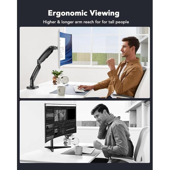 Single Monitor Arm Holds 26.48 lbs, Ultrawide Computer Monitor Stand for 35 inch Screens, Upgraded Adjustable Monitor Mount with USB, C-Clamp & Grommet Base, VESA 75x75 or 100x100mm
