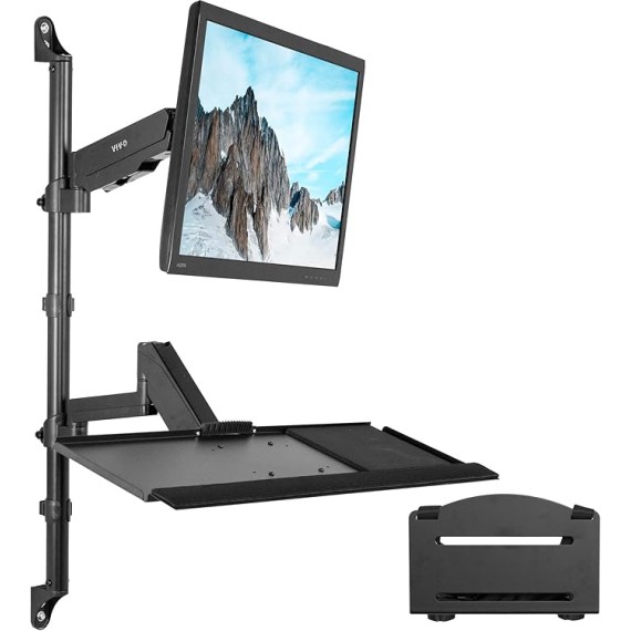 Black Sit-Stand Height Adjustable Pneumatic Spring Arm Keyboard, Monitor, CPU Wall Mount for 1 Screen up to 32 inches STAND-SIT1BW