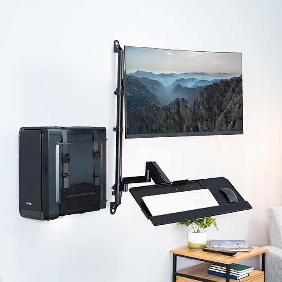 Black Sit-Stand Height Adjustable Pneumatic Spring Arm Keyboard, Monitor, CPU Wall Mount for 1 Screen up to 32 inches STAND-SIT1BW