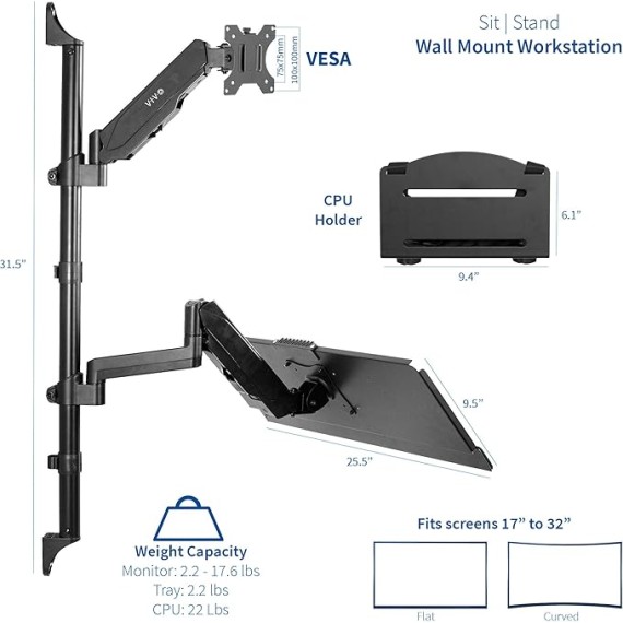 Black Sit-Stand Height Adjustable Pneumatic Spring Arm Keyboard, Monitor, CPU Wall Mount for 1 Screen up to 32 inches STAND-SIT1BW