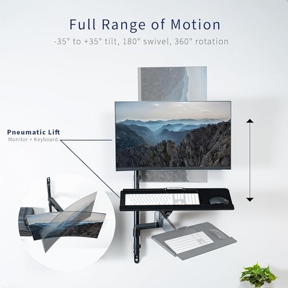 Black Sit-Stand Height Adjustable Pneumatic Spring Arm Keyboard, Monitor, CPU Wall Mount for 1 Screen up to 32 inches STAND-SIT1BW