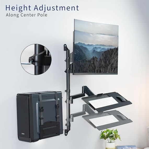 Black Sit-Stand Height Adjustable Pneumatic Spring Arm Keyboard, Monitor, CPU Wall Mount for 1 Screen up to 32 inches STAND-SIT1BW