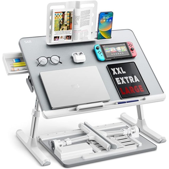 Laptop tray,  60*45cm Table lap for bed, Multi-purpose Premium Lapdesk, Height Angle adjustable, with Book Stand, Drawer, Tablet slot, for Eating, Working, Writing, Gaming, Drawing (Light Grey)