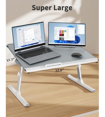 Laptop tray,  60*45cm Table lap for bed, Multi-purpose Premium Lapdesk, Height Angle adjustable, with Book Stand, Drawer, Tablet slot, for Eating, Working, Writing, Gaming, Drawing (Light Grey)