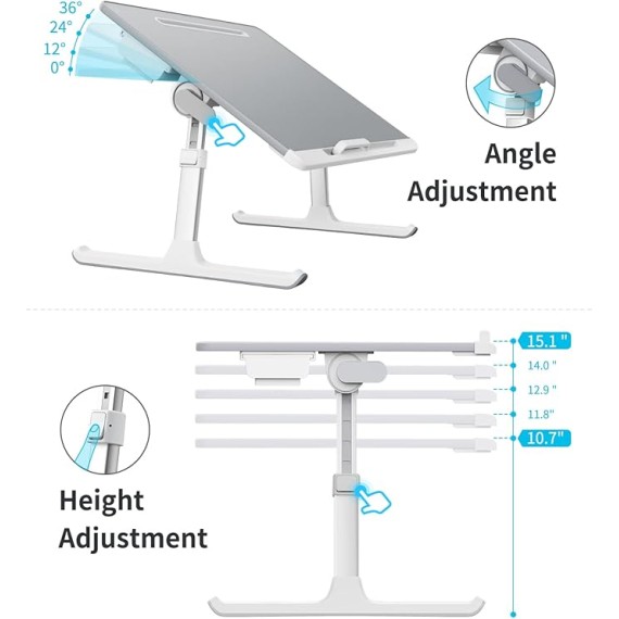 Laptop tray,  60*45cm Table lap for bed, Multi-purpose Premium Lapdesk, Height Angle adjustable, with Book Stand, Drawer, Tablet slot, for Eating, Working, Writing, Gaming, Drawing (Light Grey)