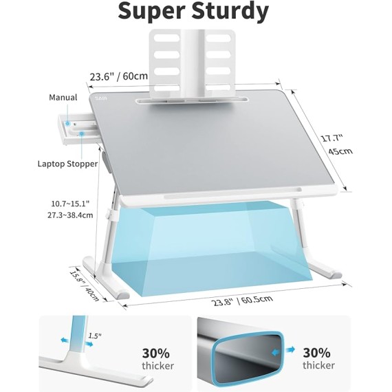 Laptop tray,  60*45cm Table lap for bed, Multi-purpose Premium Lapdesk, Height Angle adjustable, with Book Stand, Drawer, Tablet slot, for Eating, Working, Writing, Gaming, Drawing (Light Grey)