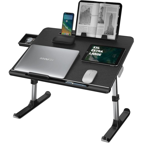 Laptop Desk for Bed,  XXL Bed Table for Laptop and Writing, Adjustable Computer Tray Foldable Laptop Stand for Bed or Sofa W/Anti-Slip Faux Leather,Removable Stopper, Book Stand & Drawer Black