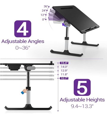 Laptop Desk for Bed,  XXL Bed Table for Laptop and Writing, Adjustable Computer Tray Foldable Laptop Stand for Bed or Sofa W/Anti-Slip Faux Leather,Removable Stopper, Book Stand & Drawer Black