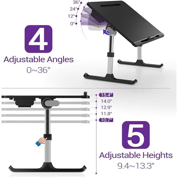 Laptop Desk for Bed,  XXL Bed Table for Laptop and Writing, Adjustable Computer Tray Foldable Laptop Stand for Bed or Sofa W/Anti-Slip Faux Leather,Removable Stopper, Book Stand & Drawer Black