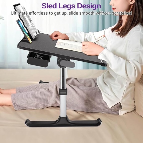 Laptop Desk for Bed,  XXL Bed Table for Laptop and Writing, Adjustable Computer Tray Foldable Laptop Stand for Bed or Sofa W/Anti-Slip Faux Leather,Removable Stopper, Book Stand & Drawer Black