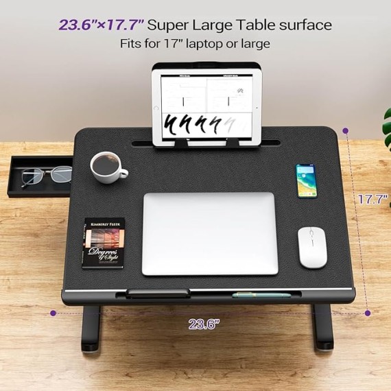 Laptop Desk for Bed,  XXL Bed Table for Laptop and Writing, Adjustable Computer Tray Foldable Laptop Stand for Bed or Sofa W/Anti-Slip Faux Leather,Removable Stopper, Book Stand & Drawer Black