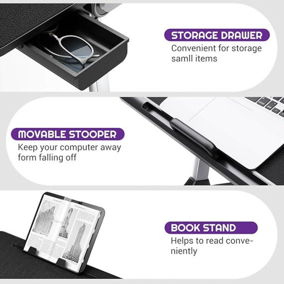 Laptop Desk for Bed,  XXL Bed Table for Laptop and Writing, Adjustable Computer Tray Foldable Laptop Stand for Bed or Sofa W/Anti-Slip Faux Leather,Removable Stopper, Book Stand & Drawer Black