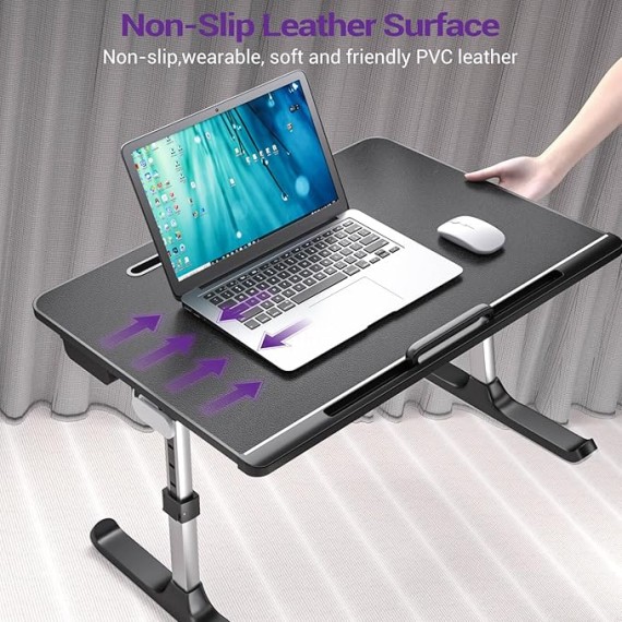 Laptop Desk for Bed,  XXL Bed Table for Laptop and Writing, Adjustable Computer Tray Foldable Laptop Stand for Bed or Sofa W/Anti-Slip Faux Leather,Removable Stopper, Book Stand & Drawer Black