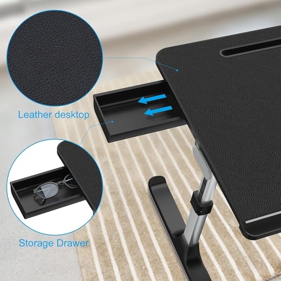 Laptop Desk for Bed,  XXL Bed Table for Laptop and Writing, Adjustable Computer Tray Foldable Laptop Stand for Bed or Sofa W/Anti-Slip Faux Leather,Removable Stopper, Book Stand & Drawer Black
