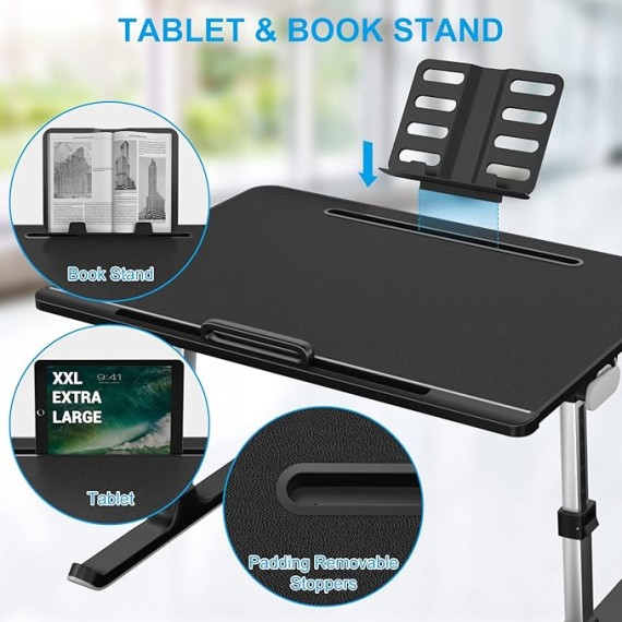 Laptop Desk for Bed,  XXL Bed Table for Laptop and Writing, Adjustable Computer Tray Foldable Laptop Stand for Bed or Sofa W/Anti-Slip Faux Leather,Removable Stopper, Book Stand & Drawer Black