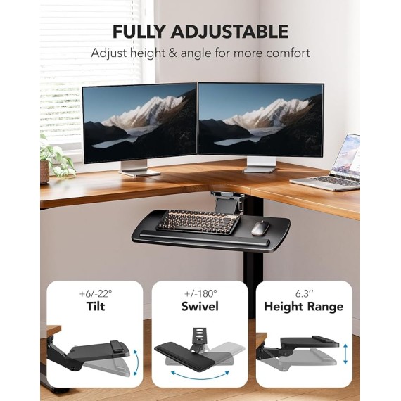 Keyboard Tray Under Desk, 360 Adjustable Ergonomic Sliding Keyboard & Mouse Tray, Under Desk Keyboard Tray Slide Out, Keyboard Holder Under Desk for Typing in Home, Office Work, 25"W x 9.84"D