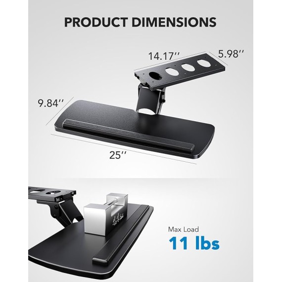 Keyboard Tray Under Desk, 360 Adjustable Ergonomic Sliding Keyboard & Mouse Tray, Under Desk Keyboard Tray Slide Out, Keyboard Holder Under Desk for Typing in Home, Office Work, 25"W x 9.84"D