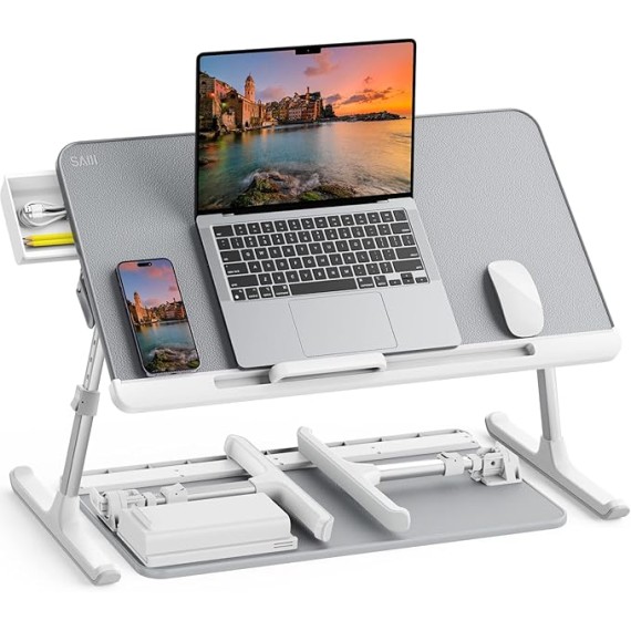 Laptop Bed Tray Table, Adjustable PVC Leather Laptop Bed Table, Portable Standing Desk with Storage Drawer, Foldable Lap Tablet Table for Sofa Couch Floor (Nature)