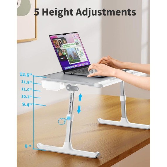 Laptop Bed Tray Table, Adjustable PVC Leather Laptop Bed Table, Portable Standing Desk with Storage Drawer, Foldable Lap Tablet Table for Sofa Couch Floor (Nature)
