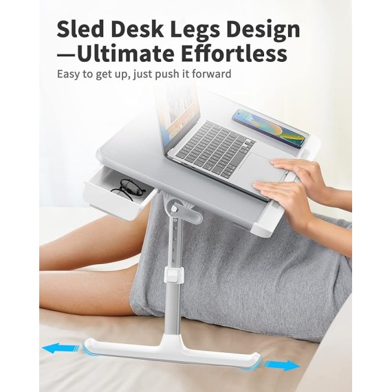 Laptop Bed Tray Table, Adjustable PVC Leather Laptop Bed Table, Portable Standing Desk with Storage Drawer, Foldable Lap Tablet Table for Sofa Couch Floor (Nature)