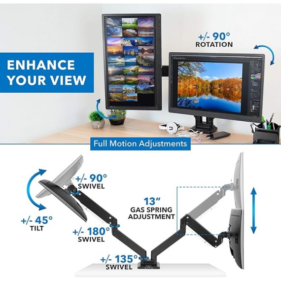 Heavy Duty Dual Monitor Desk Mount with USB 3.0 Ports | 33 lbs Capacity Per Arm | Adjustable Gas Spring, Double Arms for Computer Monitors, Full Motion Articulating, VESA (17-35 inches)