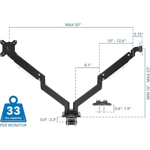 Heavy Duty Dual Monitor Desk Mount with USB 3.0 Ports | 33 lbs Capacity Per Arm | Adjustable Gas Spring, Double Arms for Computer Monitors, Full Motion Articulating, VESA (17-35 inches)