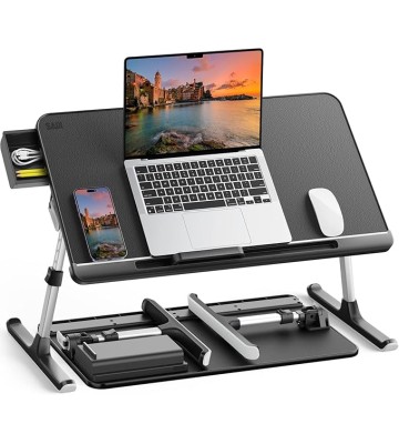 Laptop Bed Tray Table, Adjustable PVC Leather Laptop Bed Table, Portable Standing Desk with Storage Drawer, Foldable Lap Tablet Table for Sofa Couch Floor (Dark Black)