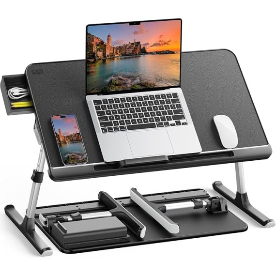 Laptop Bed Tray Table, Adjustable PVC Leather Laptop Bed Table, Portable Standing Desk with Storage Drawer, Foldable Lap Tablet Table for Sofa Couch Floor (Dark Black)