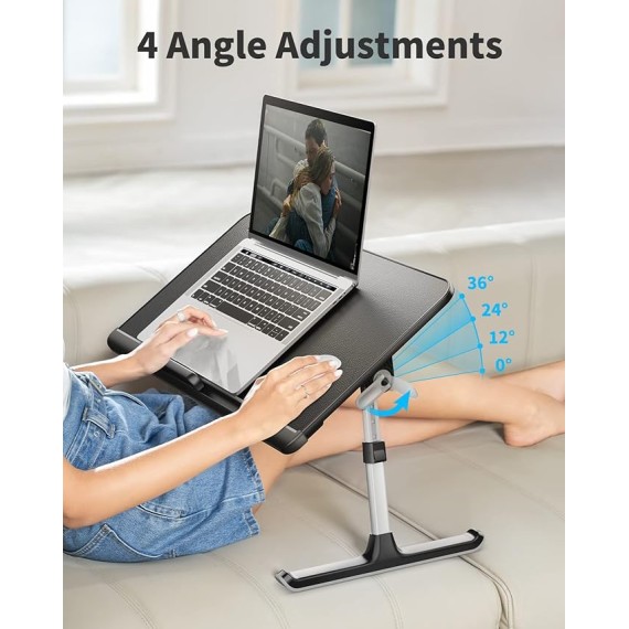 Laptop Bed Tray Table, Adjustable PVC Leather Laptop Bed Table, Portable Standing Desk with Storage Drawer, Foldable Lap Tablet Table for Sofa Couch Floor (Dark Black)