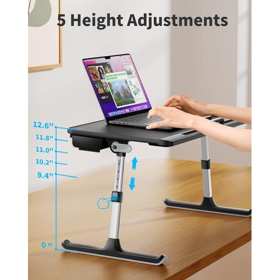 Laptop Bed Tray Table, Adjustable PVC Leather Laptop Bed Table, Portable Standing Desk with Storage Drawer, Foldable Lap Tablet Table for Sofa Couch Floor (Dark Black)
