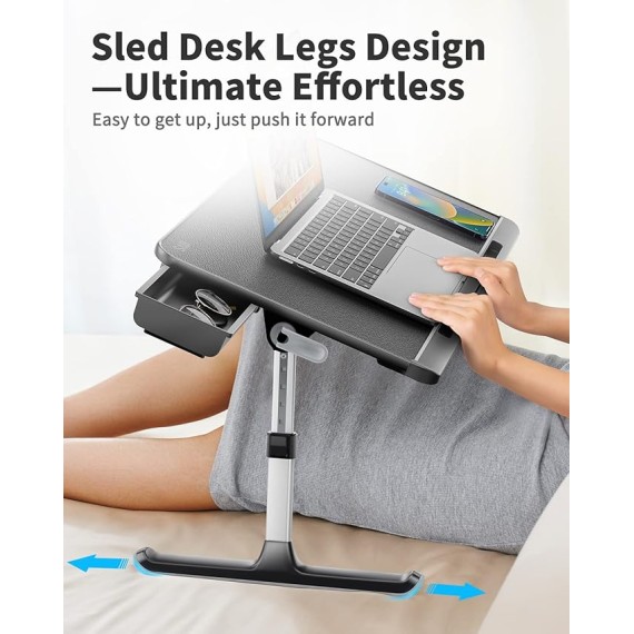 Laptop Bed Tray Table, Adjustable PVC Leather Laptop Bed Table, Portable Standing Desk with Storage Drawer, Foldable Lap Tablet Table for Sofa Couch Floor (Dark Black)