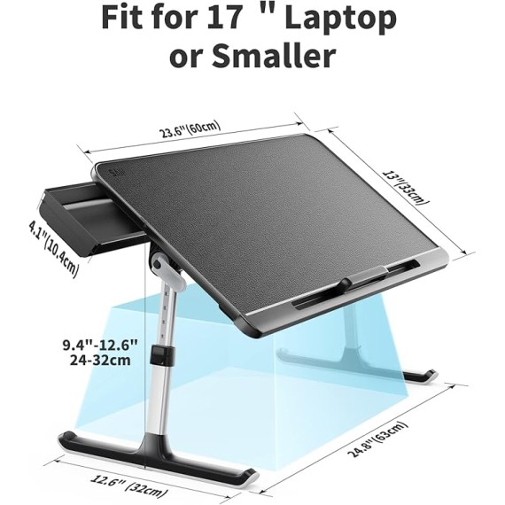 Laptop Bed Tray Table, Adjustable PVC Leather Laptop Bed Table, Portable Standing Desk with Storage Drawer, Foldable Lap Tablet Table for Sofa Couch Floor (Dark Black)