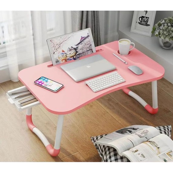 Laptop Bed Table, Foldable Laptop Desk Bed Tray with Storage Drawer, Lap Desk TV Tray for Breakfast Serving, Notebook Stand Reading Holder with Phone Slot and Cup Holder for Sofa Couch Floor-Pink