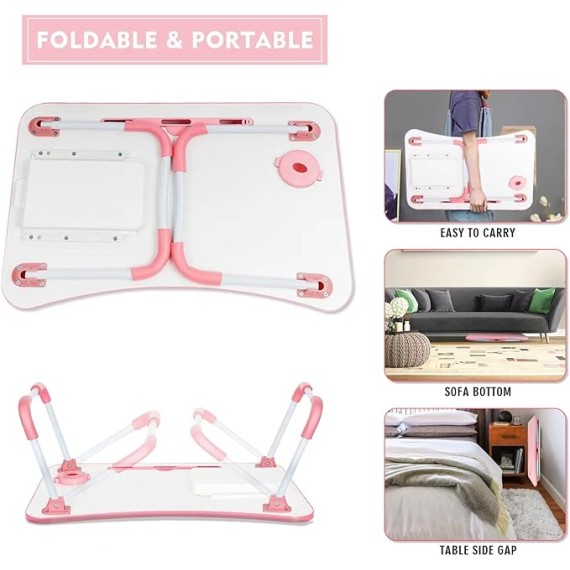 Laptop Bed Table, Foldable Laptop Desk Bed Tray with Storage Drawer, Lap Desk TV Tray for Breakfast Serving, Notebook Stand Reading Holder with Phone Slot and Cup Holder for Sofa Couch Floor-Pink