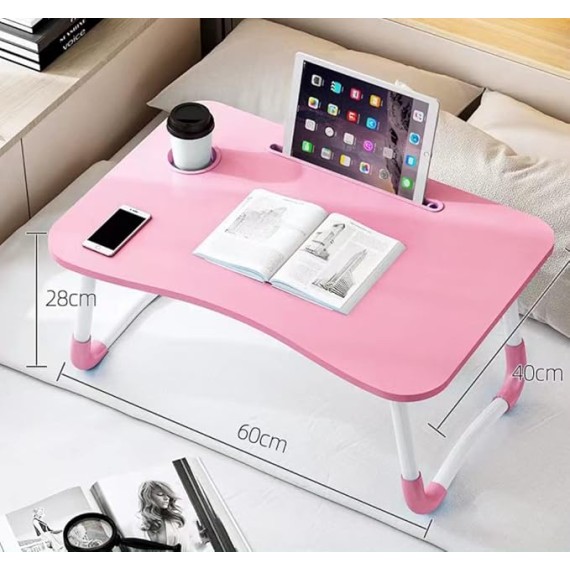Laptop Bed Table, Foldable Laptop Desk Bed Tray with Storage Drawer, Lap Desk TV Tray for Breakfast Serving, Notebook Stand Reading Holder with Phone Slot and Cup Holder for Sofa Couch Floor-Pink