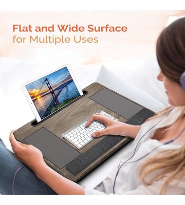 Lap Desk,  Portable Laptop Desk with Pillow Cushion & Handle, Design w/Tablet & Phone & Gadget Slot, Right & Left Handed Mousepad, Ergonomic Wrist Pad, Fit up to 17.3 inch Laptop, Oak