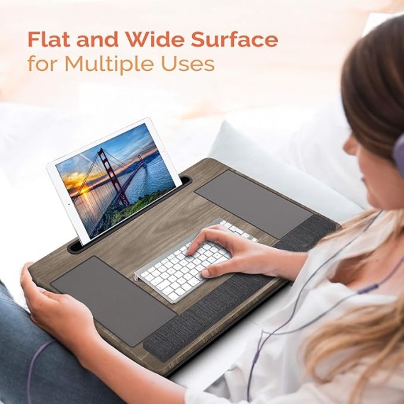 Lap Desk,  Portable Laptop Desk with Pillow Cushion & Handle, Design w/Tablet & Phone & Gadget Slot, Right & Left Handed Mousepad, Ergonomic Wrist Pad, Fit up to 17.3 inch Laptop, Oak