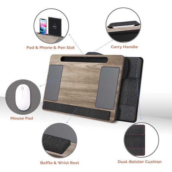 Lap Desk,  Portable Laptop Desk with Pillow Cushion & Handle, Design w/Tablet & Phone & Gadget Slot, Right & Left Handed Mousepad, Ergonomic Wrist Pad, Fit up to 17.3 inch Laptop, Oak